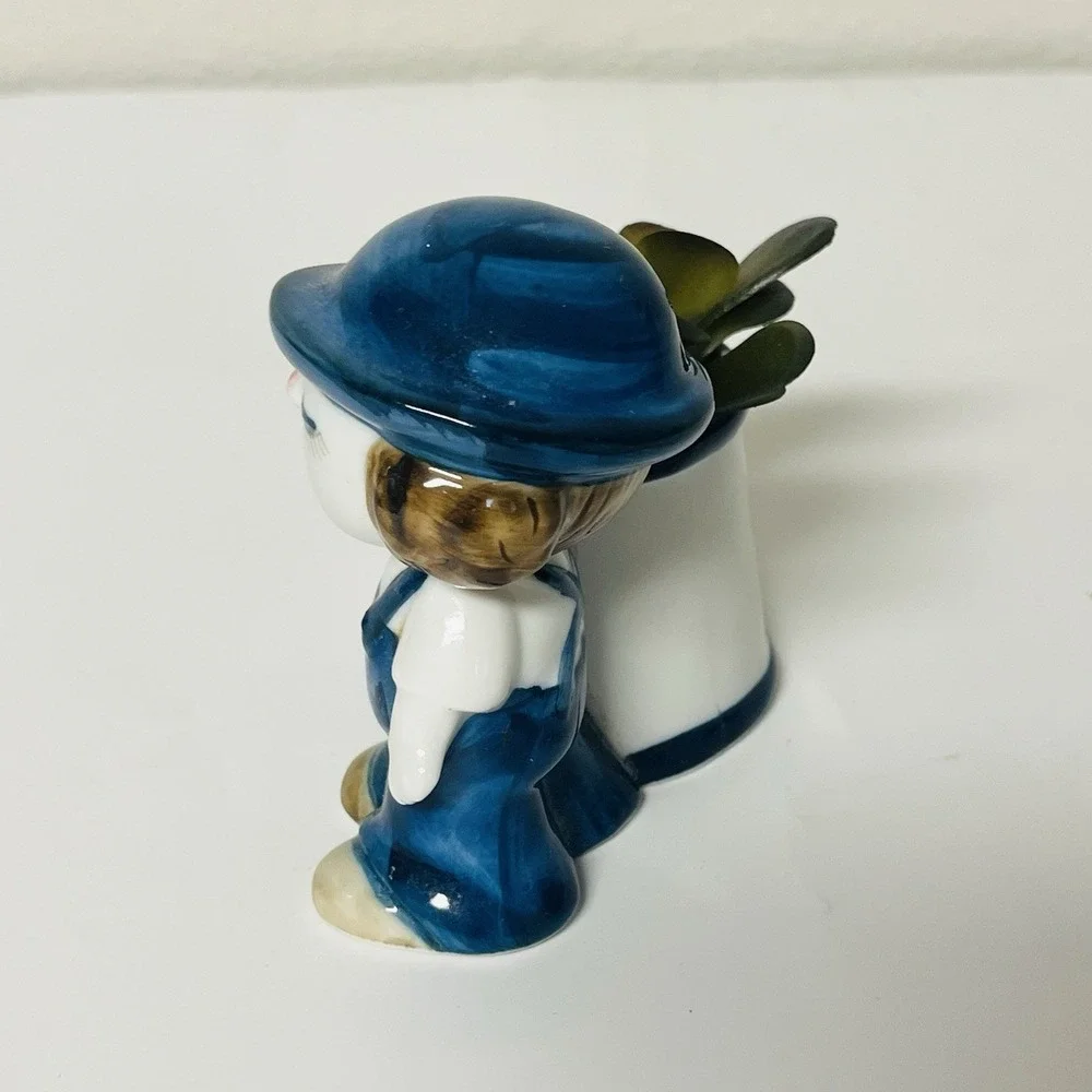 Vintage Boy In Blue Hat & Suspenders w/ Watering Can Miniature Planter Vase